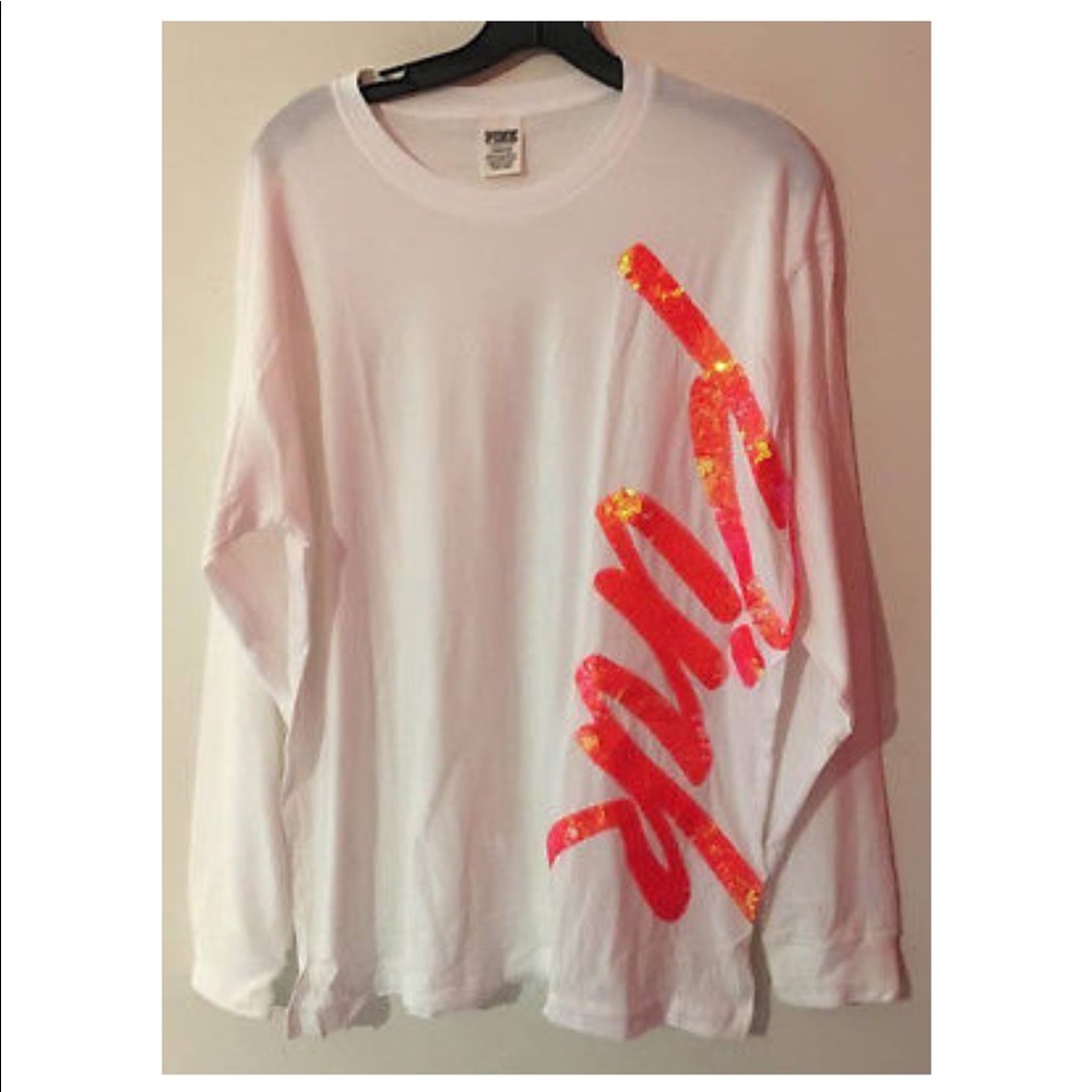 PINK Victoria’s Campus T-shirt L Sequin NEW Tee - Picture 1 of 3